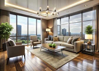 Fototapeta premium Modern 2-bedroom condo unit interior design features sleek hardwood floors, high ceilings, floor-to-ceiling windows,