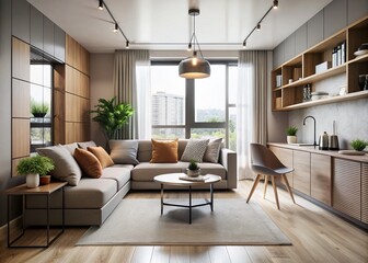 Fototapeta premium Modern 22-square-meter condo interior featuring sleek lines, neutral palette, ample natural light, minimalist decor,