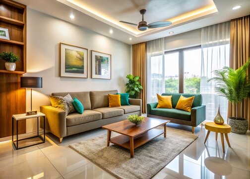 Modern 2BHK apartment interior design featuring sleek furniture, minimalist decor, natural light, and vibrant colors,