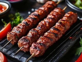 A Adana Kebab. The most popular Turkish dishes. A spicy minced lamb kebab shaped on skewers and grilled, known for its robust flavor.