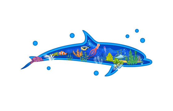 recommend clip art: Cartoon dolphin silhouette with underwater landscape. 3d vector paper cut frame in shape of playful ocean animal body with serene aquatic vegetation, seaweeds, bubbles and fish, squid, stingray in sea