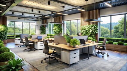 Fototapeta premium Modern Aberdeen office interior with sleek desks, ergonomic chairs, and storage units, surrounded by vibrant greenery,