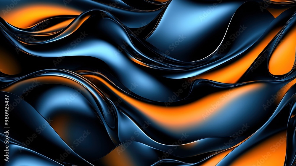 Poster Beautiful abstract waves of deep blue and vibrant orange flowing smoothly across a textured surface in a dynamic pattern