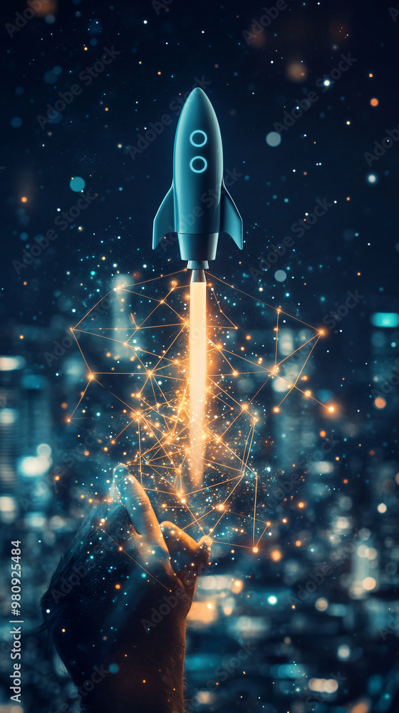 Aufkleber Businessman launching a rocket from his hand with network connection effect on a blurred city background