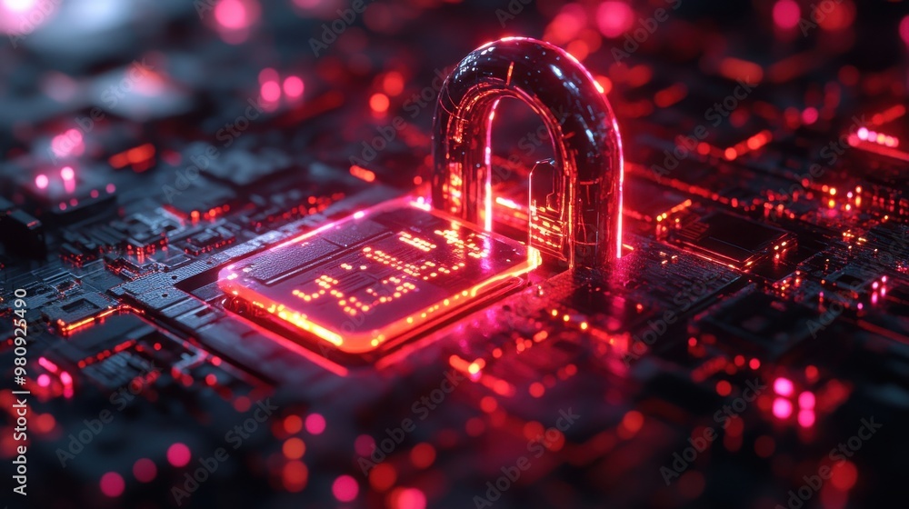 Poster cyber security lock that is being decoded using a ransomware 3d illustration