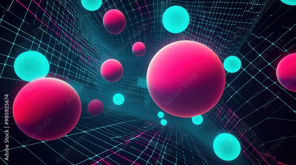 Poster Digital abstract visualization of spheres in vibrant colors against a dark background with a grid pattern