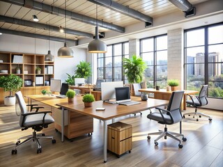 Modern and sleek commercial office furniture sets with ergonomic chairs, wooden desks, and stainless steel accents in a