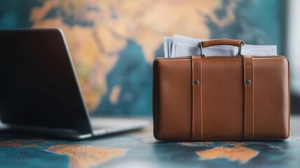 Open briefcase on a map, with documents and a laptop, highlighting business planning and global destinations