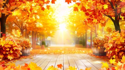 A wooden path through a fall forest, with yellow and orange leaves. The sun shines through the trees creating a warm glow.