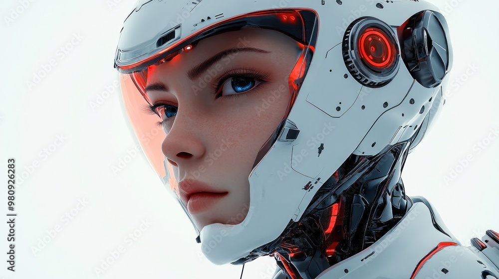 Poster futuristic humanoid robot with a sleek design and glowing elements.