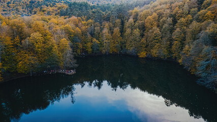 Bolu Yedigoller. Aerial view of the lake between the trees in the middle of the forest, taken from the side with a drone. People enjoy nature by walking in Yedigoller, where autumn colors dominate.