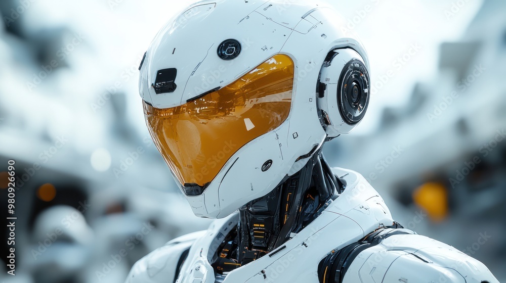 Poster a futuristic robot with a sleek design and orange visor.