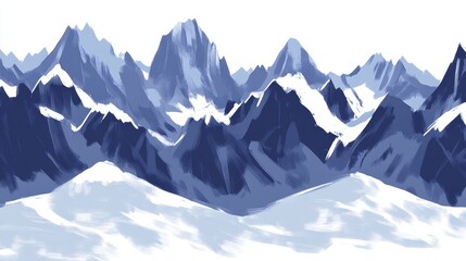 Obraz premium Serene painting of snow-capped mountain peaks with varying blue hues creating a calm, winter landscape.