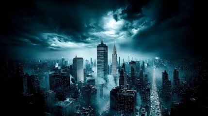 Fototapeta premium A dramatic, dark cityscape with towering skyscrapers under a stormy sky.