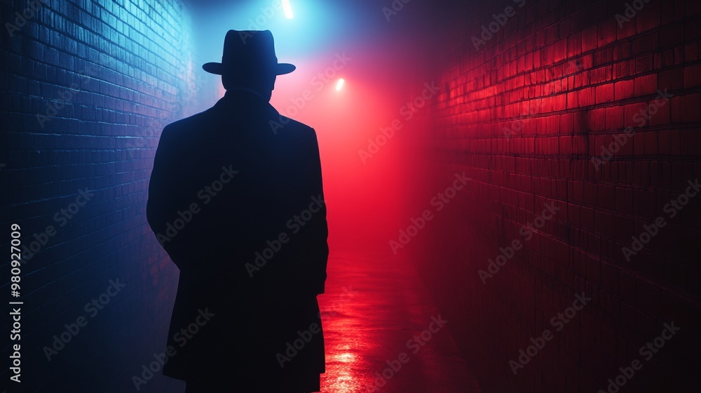 Poster A man in a hat stands in a dark tunnel with red and blue lights