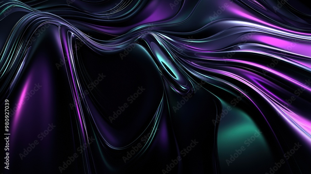 Poster abstract flowing waves of purple and green fabric creating a dynamic texture on a dark background