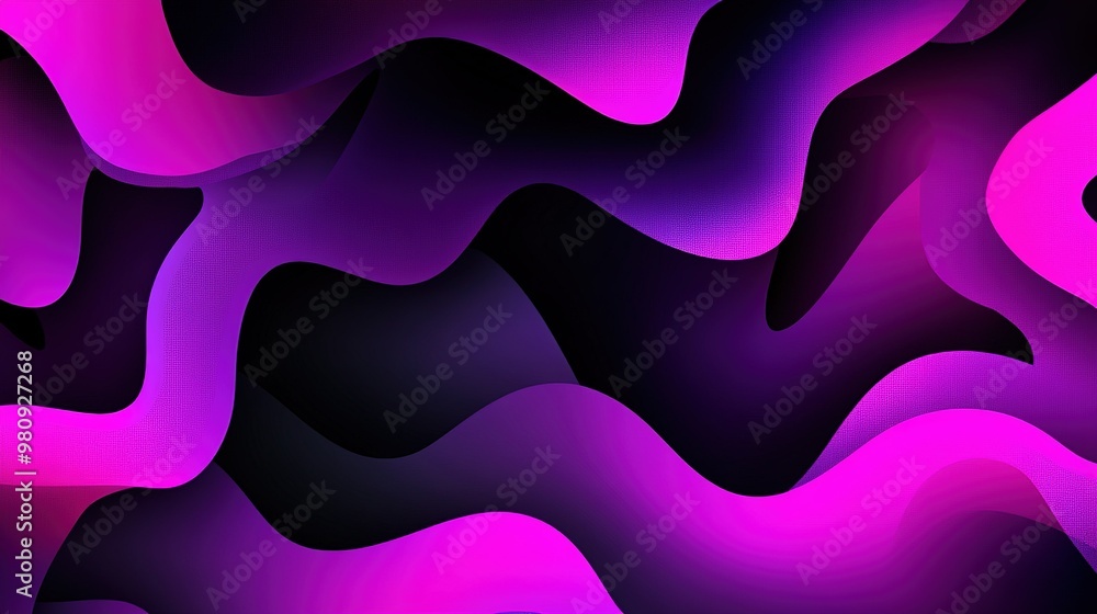 Poster dynamic abstract pattern with flowing purple and pink shapes set against a dark background emphasizi