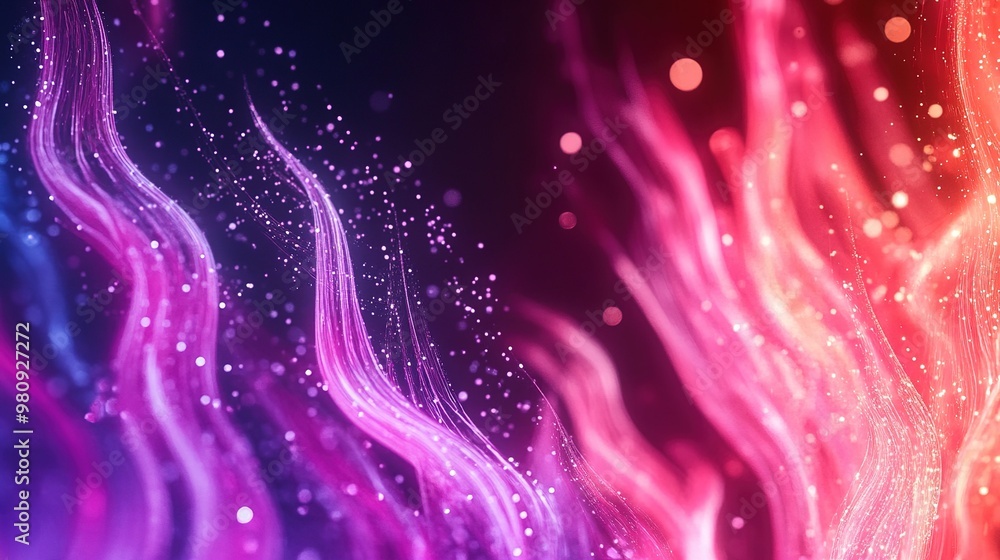 Poster colorful abstract waves of light with glowing particles creating a mesmerizing visual effect in a di