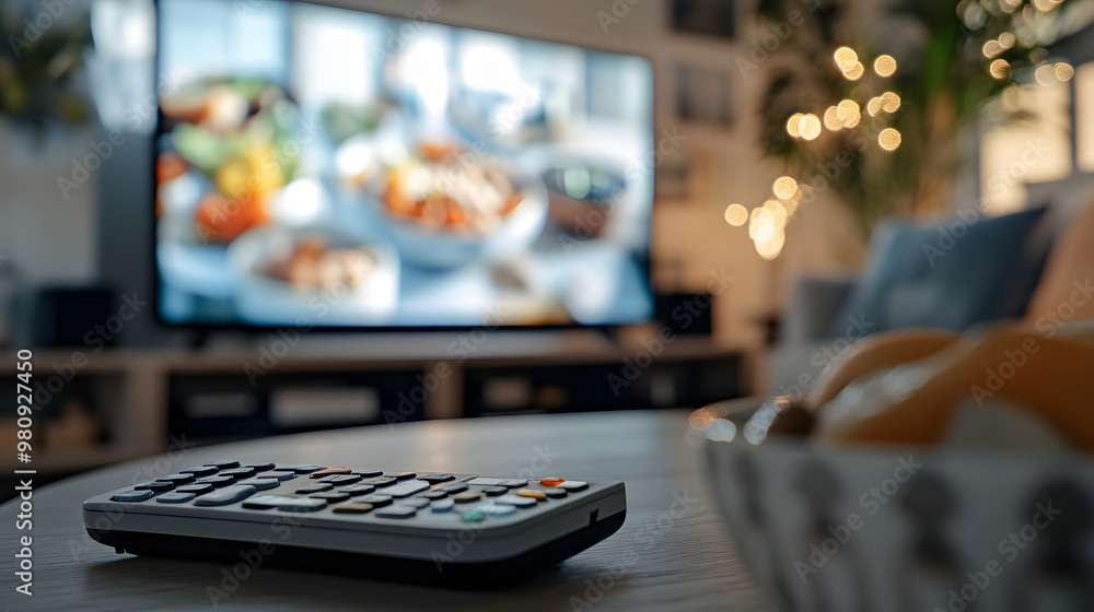 Poster a remote control on a coffee table in front of a tv screen displaying a cooking show.