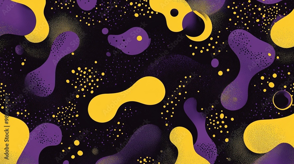 Poster colorful abstract design featuring dynamic shapes and patterns in purple and yellow against a dark b