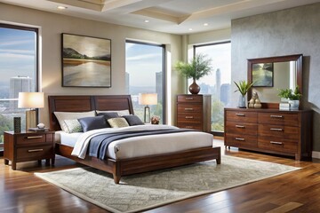 Modern bedroom set with sleek, low-profile platform bed, matching nightstands, and rich wood tones, evoking a sense of