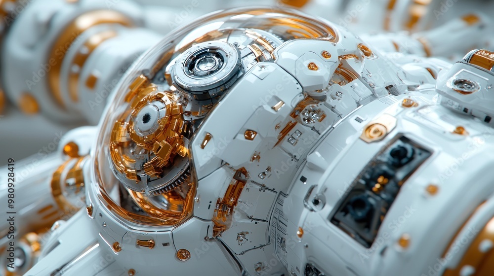 Poster close-up of a futuristic robotic mechanism with intricate details.