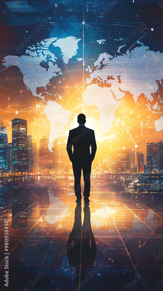 Poster Businessman standing in front of a digital world map with interconnected continents against a futuristic city backdrop