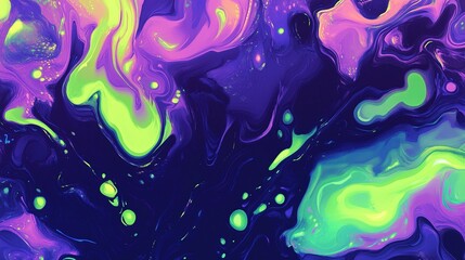 Colorful abstract art swirling in shades of purple and green with a dark background showcasing vibrant patterns and fluid forms