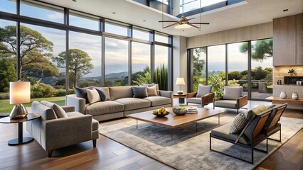Obraz premium Modern California living room with sleek furniture, large windows, and minimalist decor, showcasing a certified