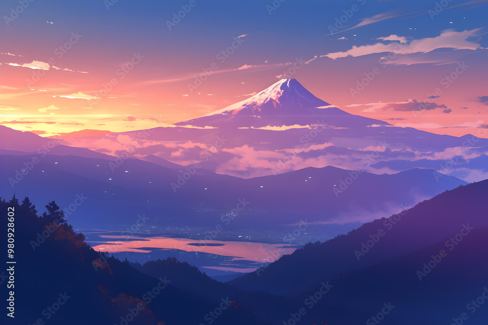 Poster Anime style, Mountain range silhouetted against the fiery colors of an autumn sunset, with low-hanging clouds tinged pink and orange above the horizon