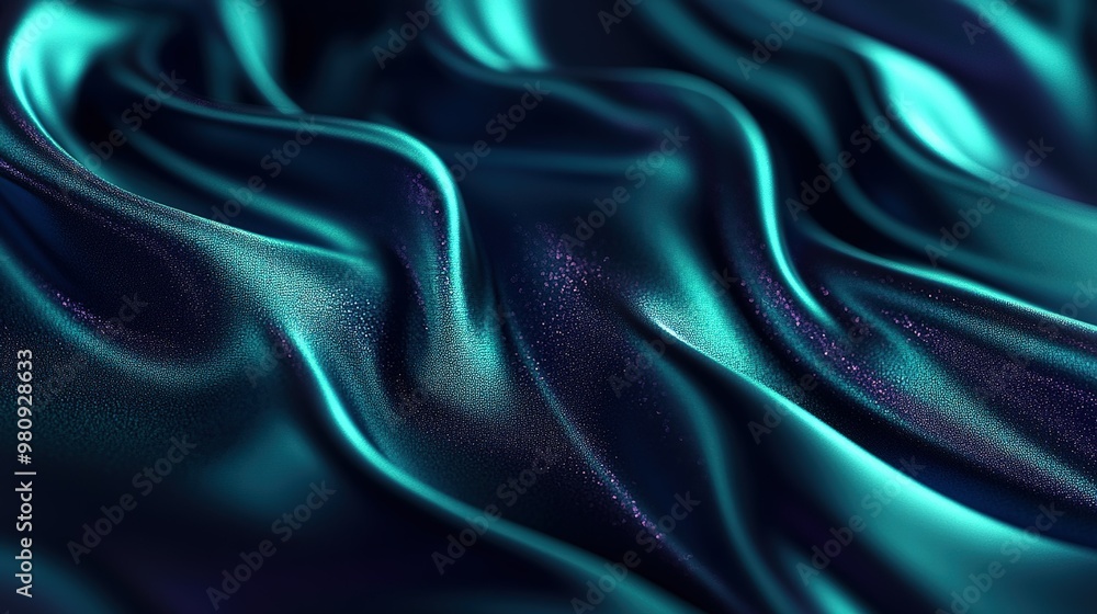 Poster lustrous fabric waves in deep teal and blue hues beautifully draping across a surface, creating an e