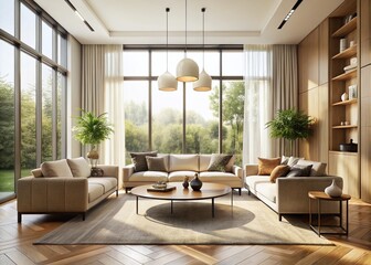 Fototapeta premium Modern chic living room with cream-colored walls, sleek minimalist furniture, and abundant natural light pouring in