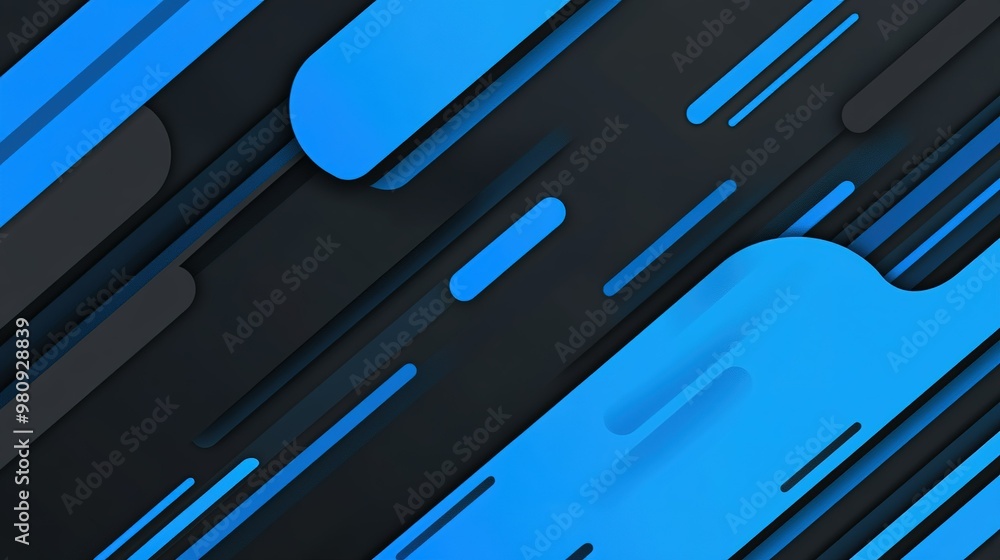 Poster dynamic blue abstract design featuring layered shapes and lines on a dark background