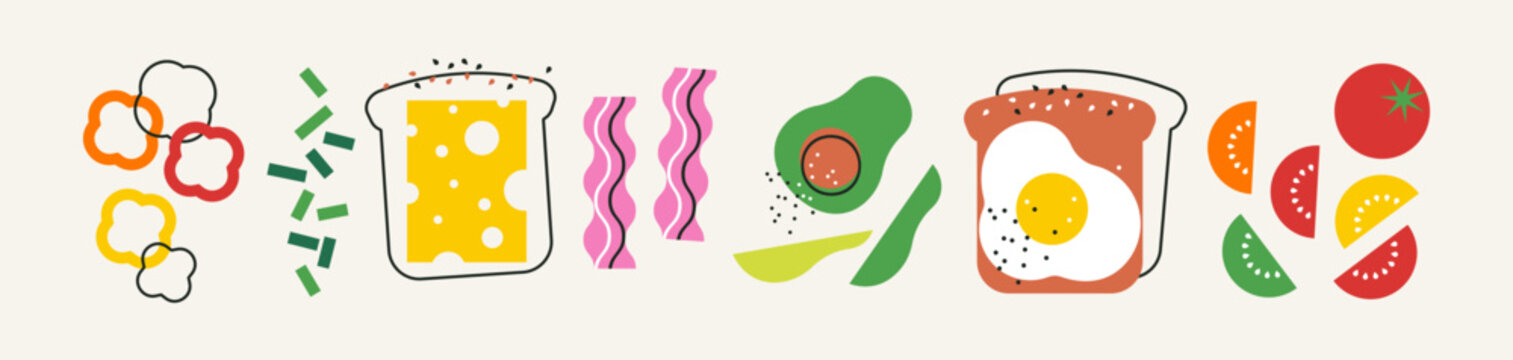 Sandwich. Appetising food collection. Good morning poster. Set of breakfast elements. Doodle vector illustration with cheese, veggies, egg. Wide background for poster, menu, cafe. Healthy food concept