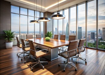 Fototapeta premium Modern conference room with sleek, silver-legged chairs and a polished wooden table, surrounded by floor-to-ceiling