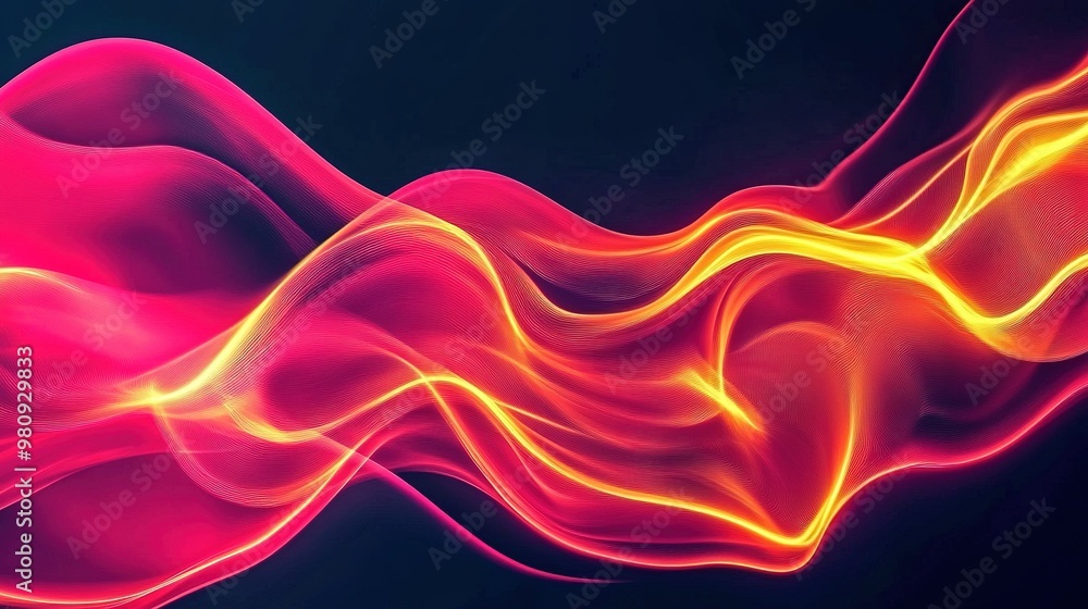 Poster vibrant abstract wave patterns with pink and yellow hues flowing against a dark background at twilig