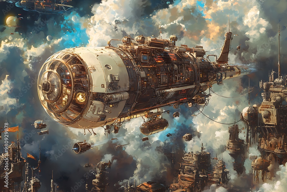 Canvas Prints Futuristic Cityscape with Flying Airships and Clouds.