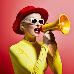 Hear Me Roar: Stylish woman in a red hat and yellow, amplifies her voice with a megaphone against a vibrant pink backdrop.