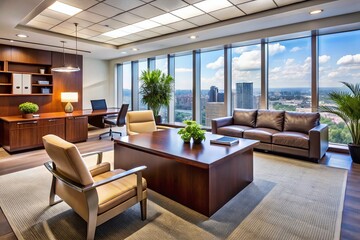 Fototapeta premium Modern corporate office interior with sleek furniture and decor, located in a Connecticut building, exemplifying a