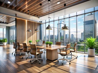Fototapeta premium Modern corporate office interior with sleek glass walls, polished wood accents, and minimalist chairs, illuminated by