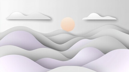 Soft pastel landscape with undulating hills and a gentle sunrise over the horizon in serene, muted colors