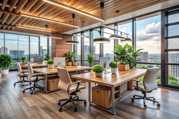 Fototapeta premium Modern corporate office space in Oklahoma City, Oklahoma, featuring sleek wooden desks, ergonomic chairs, and