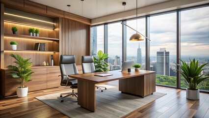 Modern corporate office space with sleek, minimalist furniture, featuring a polished wooden desk, ergonomic chair, and