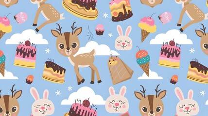 かわいい鹿、ケーキ、うさぎ、アイスクリームコーンが散りばめられた楽しくて甘い雰囲気のシームレスパターンデザイン - 子供向け商品やファブリック、文房具に最適な魅力的な柄