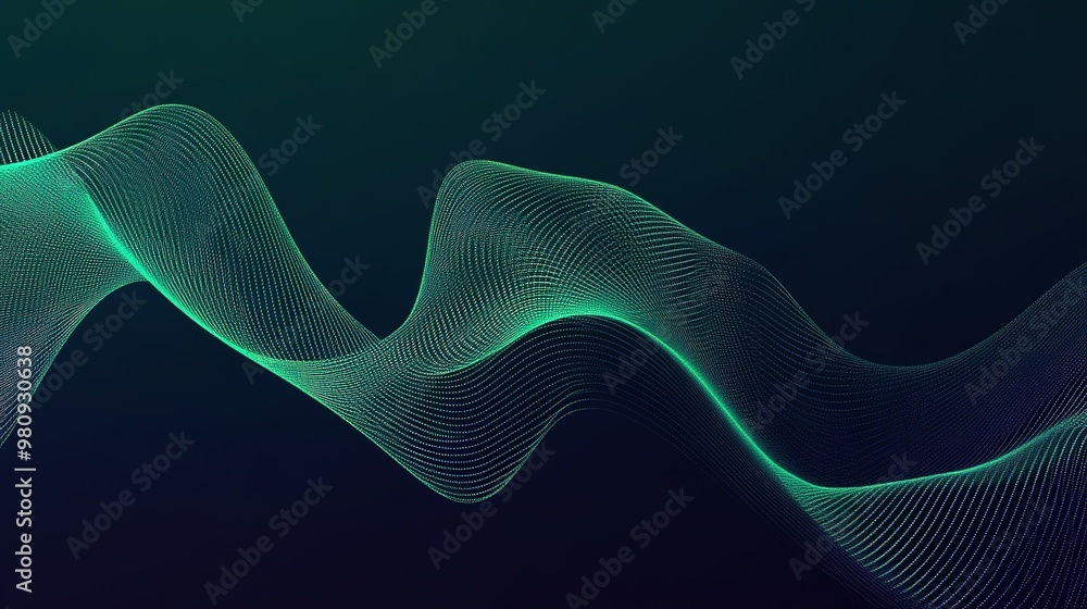 Poster abstract wave patterns in green and blue tones creating a dynamic visual effect over a dark backgrou