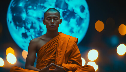 Zoom Out of Portrait of a monk in Laos in a traditional orange robe, meditating with closed eyes and hands folded