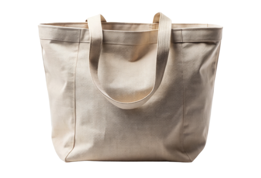 Beige canvas tote bag isolated with transparent background.