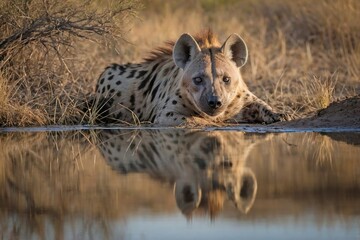 Obraz premium Hyena Resting Near a Waterhole in the African Bush: A relaxed hyena lies near the edge of a small waterhole in the African bush, its reflection shimmering on the surface of the still water.