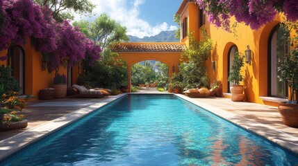 Serene poolside view with vibrant flora and charming architecture.