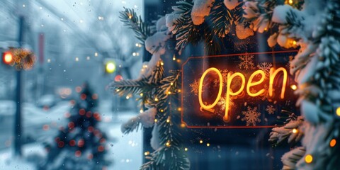 Immerse yourself in the cozy winter ambiance of a shop with an open sign and holiday decorations, surrounded by twinkling lights and falling snow, creating a warm and festive atmosphere